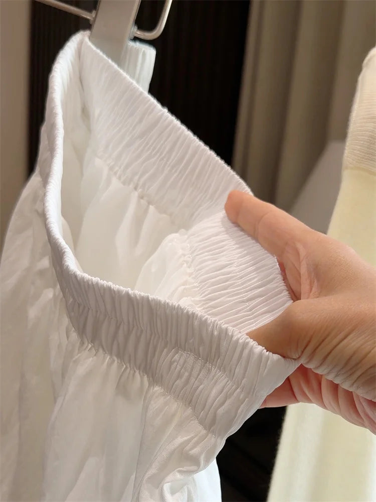 White High Waist Lace Long Skirt Female Pleated Casual Basic Summer 2026 Solid Loose Elegant Maix Skirt Women's Clothes Femme