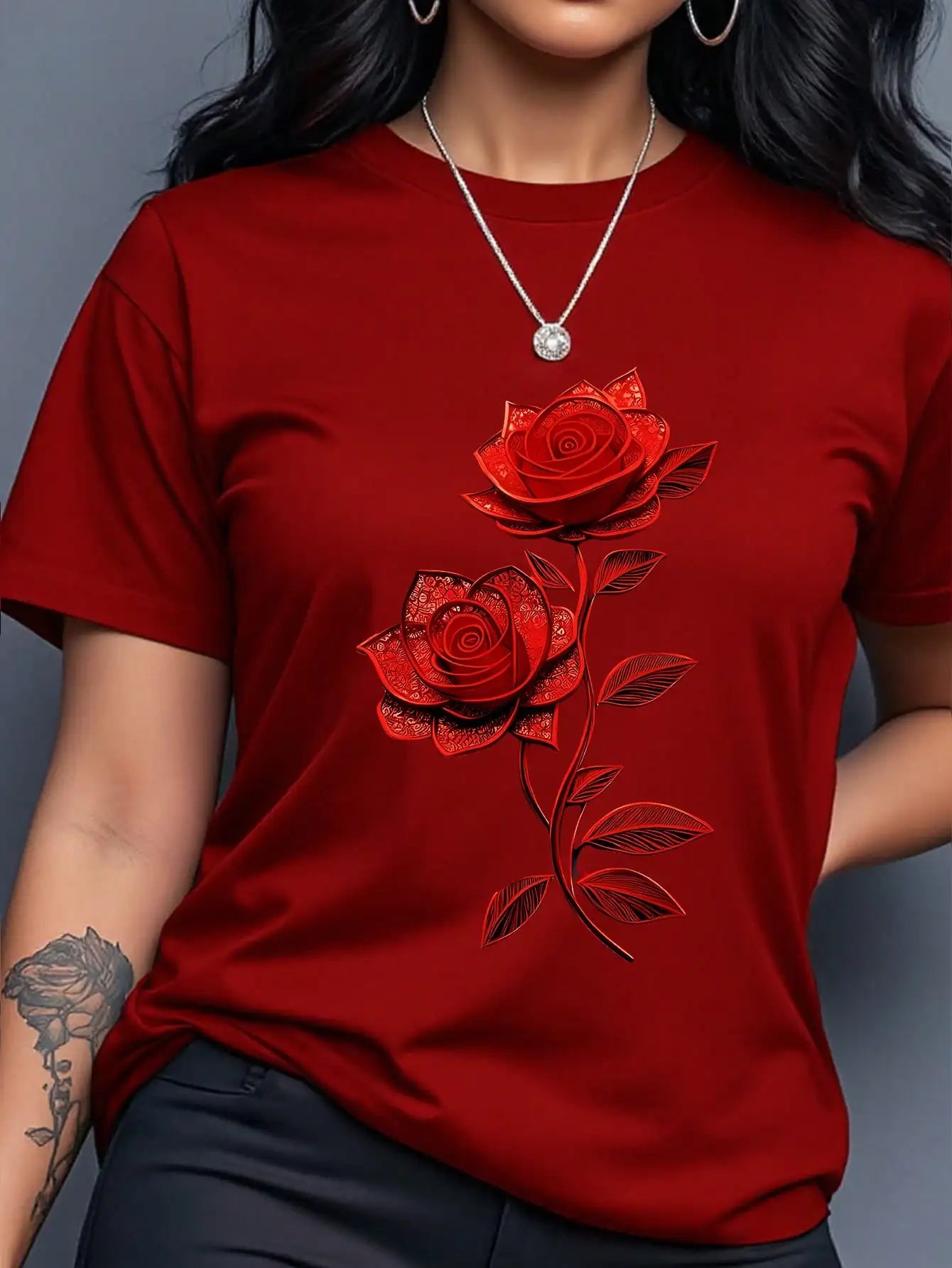 Women's Yellow T-Shirt with Gold Rose Print, Round Neck Short Sleeve Casual Top