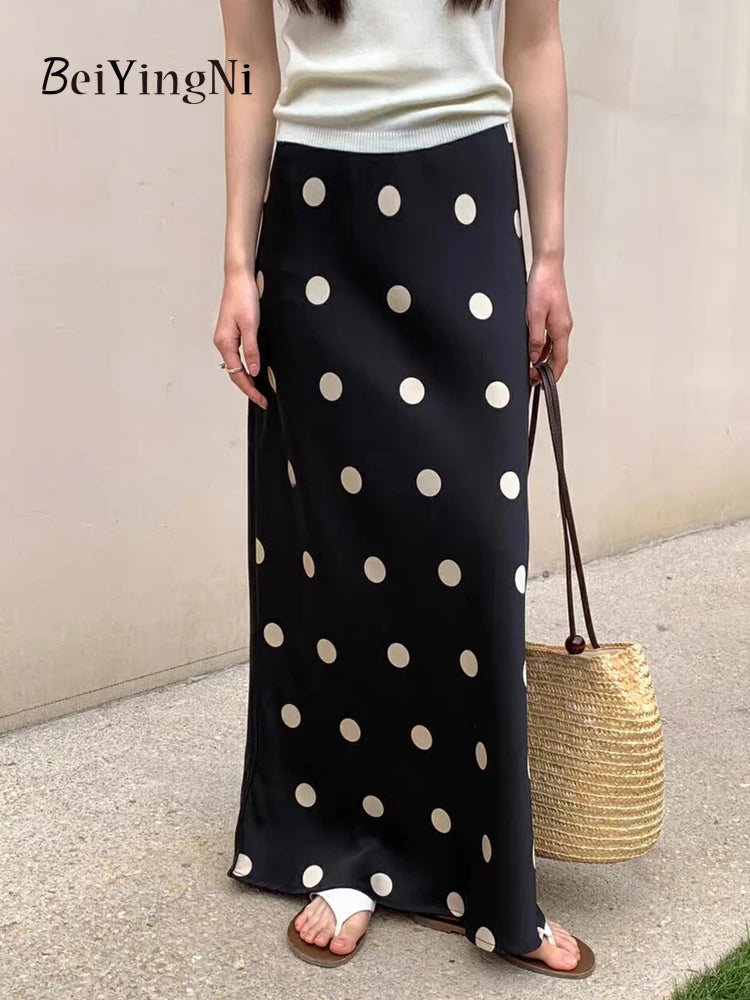Beiyingni 2024 Summer Satin Long Maxi Skirts for Women Dots Printed Elegant Vintage Office Ladies Skirt White Black Kpop Faldas