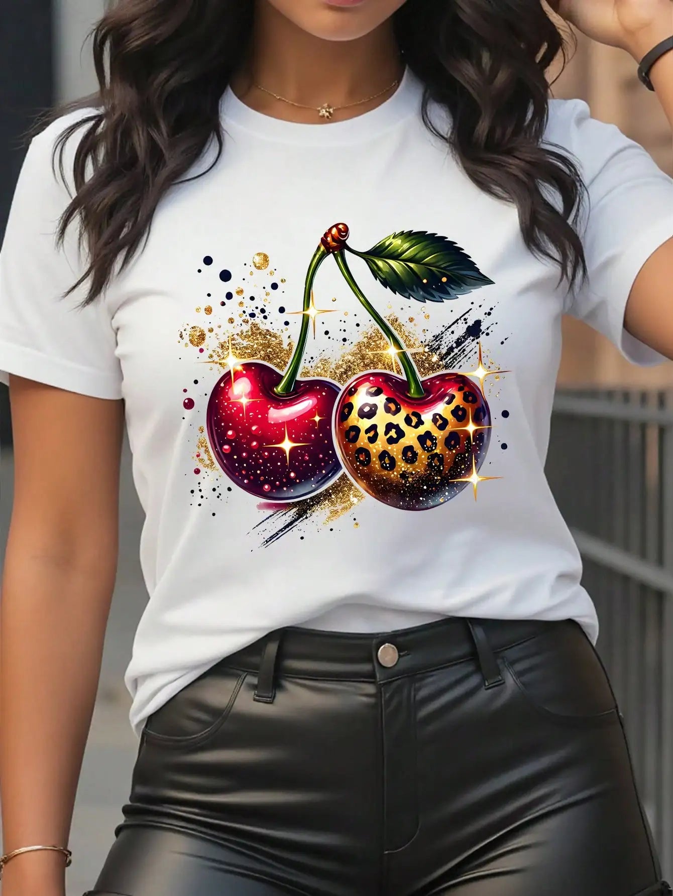Women's Yellow T-Shirt with Gold Rose Print, Round Neck Short Sleeve Casual Top