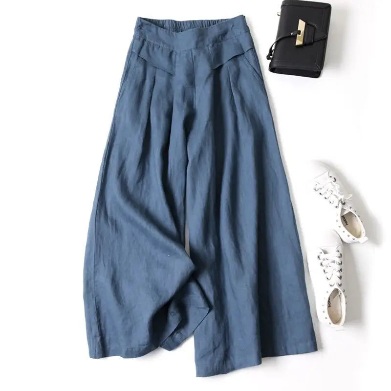 2026 Summer Women's Culottes Cotton Linen Cropped Wide Leg Pants Elastic Waist Casual Palazzo Trousers with Pockets pants