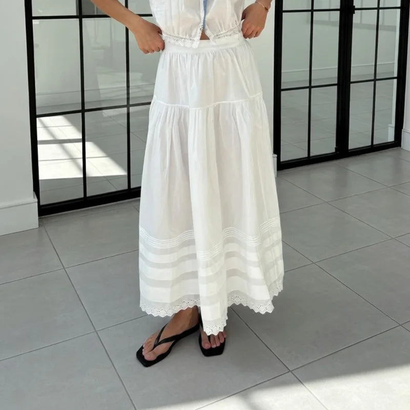 White High Waist Lace Long Skirt Female Pleated Casual Basic Summer 2026 Solid Loose Elegant Maix Skirt Women's Clothes Femme