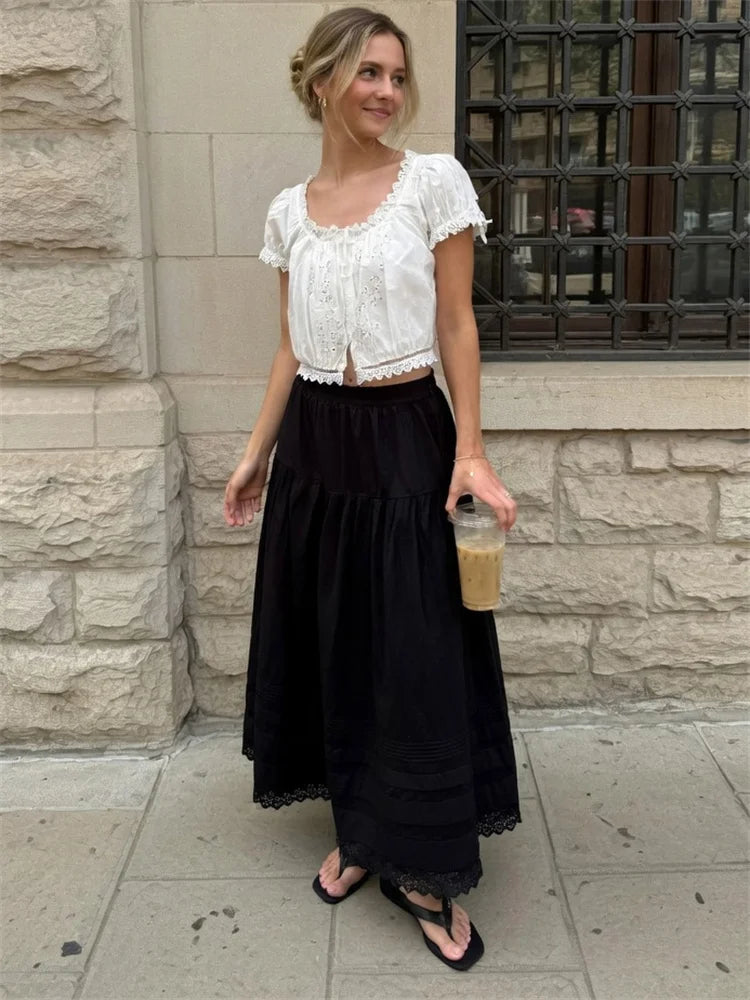 White High Waist Lace Long Skirt Female Pleated Casual Basic Summer 2026 Solid Loose Elegant Maix Skirt Women's Clothes Femme