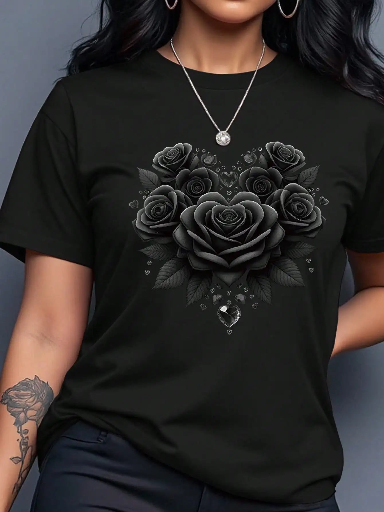 Women's Yellow T-Shirt with Gold Rose Print, Round Neck Short Sleeve Casual Top