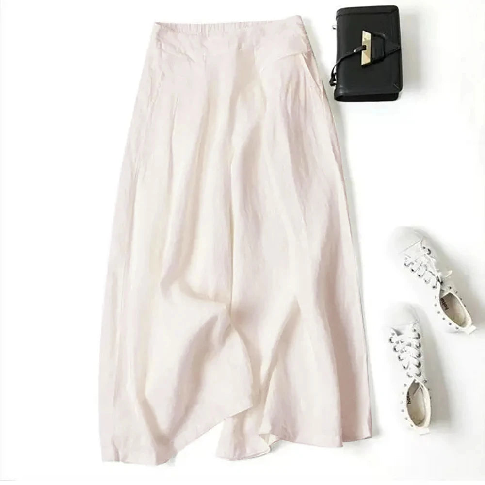 2026 Summer Women's Culottes Cotton Linen Cropped Wide Leg Pants Elastic Waist Casual Palazzo Trousers with Pockets pants