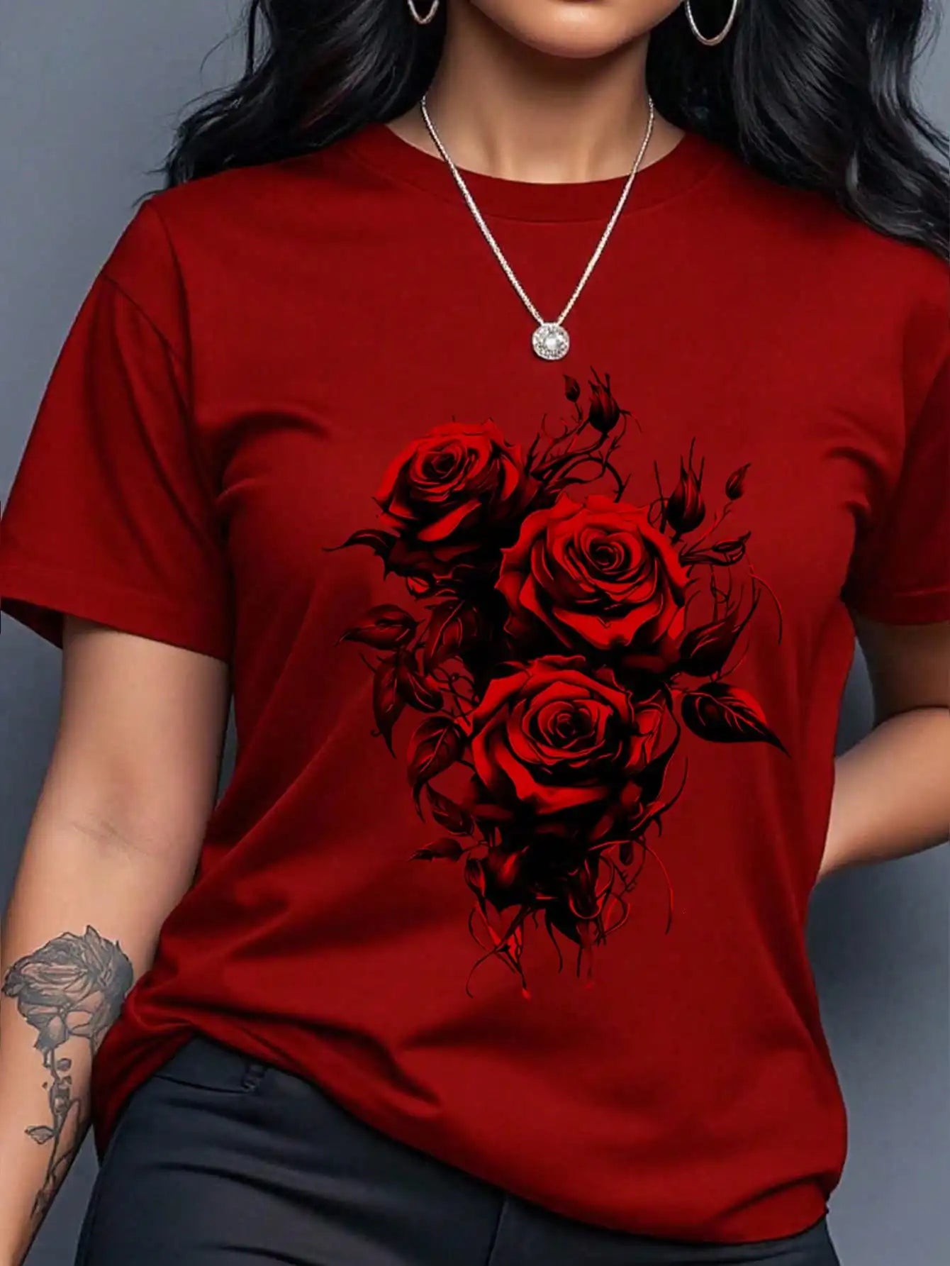 Women's Yellow T-Shirt with Gold Rose Print, Round Neck Short Sleeve Casual Top