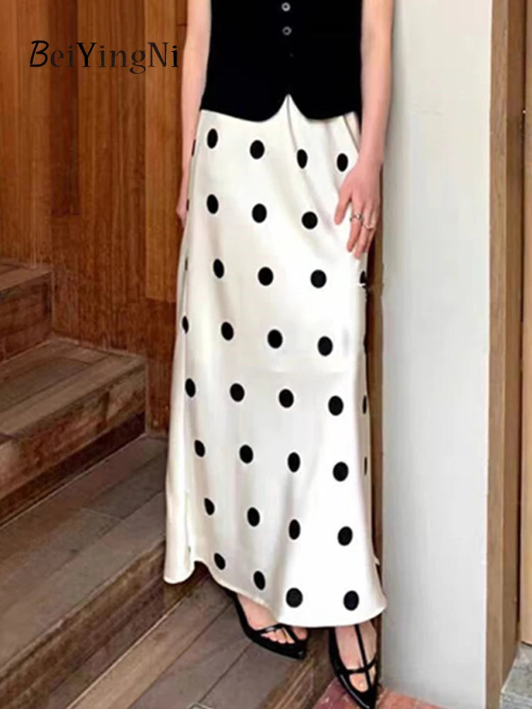 Beiyingni 2024 Summer Satin Long Maxi Skirts for Women Dots Printed Elegant Vintage Office Ladies Skirt White Black Kpop Faldas