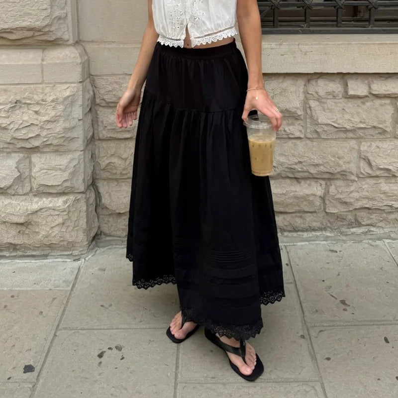 White High Waist Lace Long Skirt Female Pleated Casual Basic Summer 2026 Solid Loose Elegant Maix Skirt Women's Clothes Femme