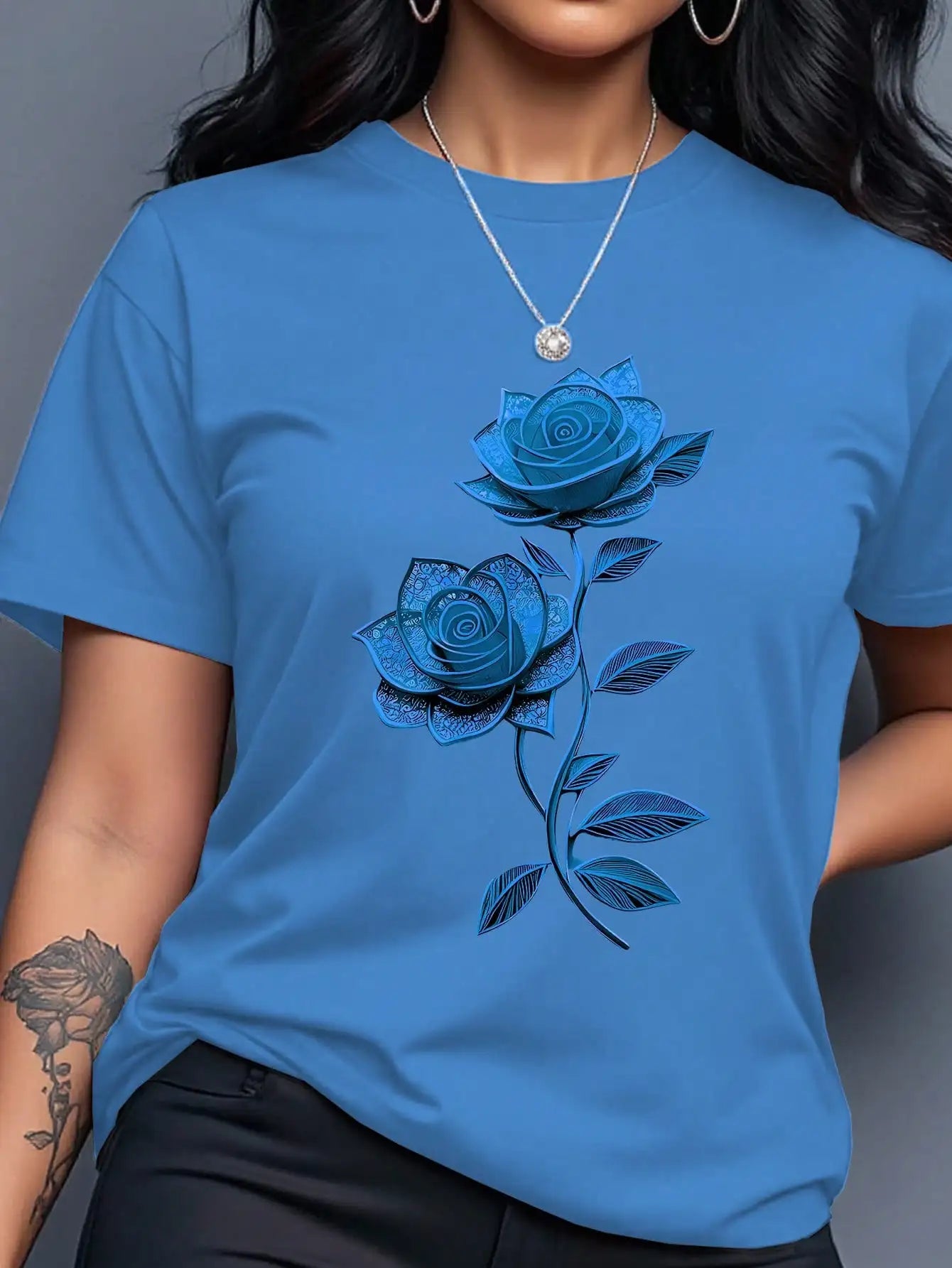 Women's Yellow T-Shirt with Gold Rose Print, Round Neck Short Sleeve Casual Top