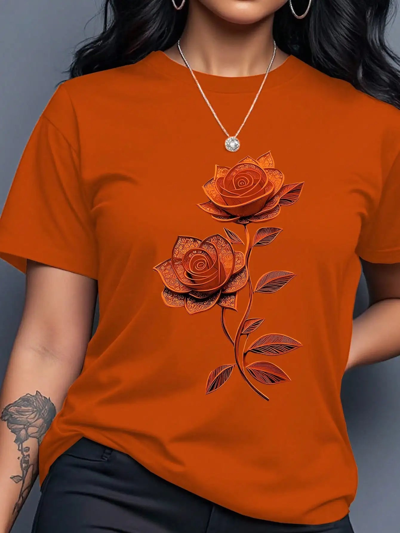 Women's Yellow T-Shirt with Gold Rose Print, Round Neck Short Sleeve Casual Top