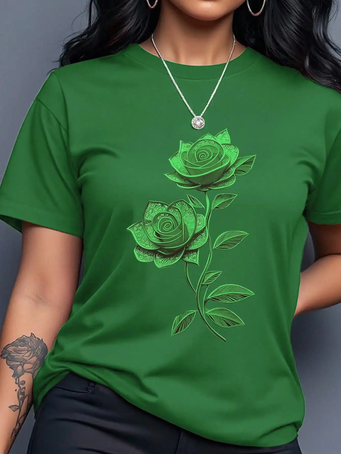 Women's Yellow T-Shirt with Gold Rose Print, Round Neck Short Sleeve Casual Top