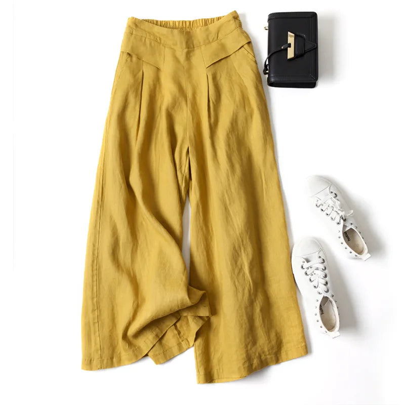 2026 Summer Women's Culottes Cotton Linen Cropped Wide Leg Pants Elastic Waist Casual Palazzo Trousers with Pockets pants