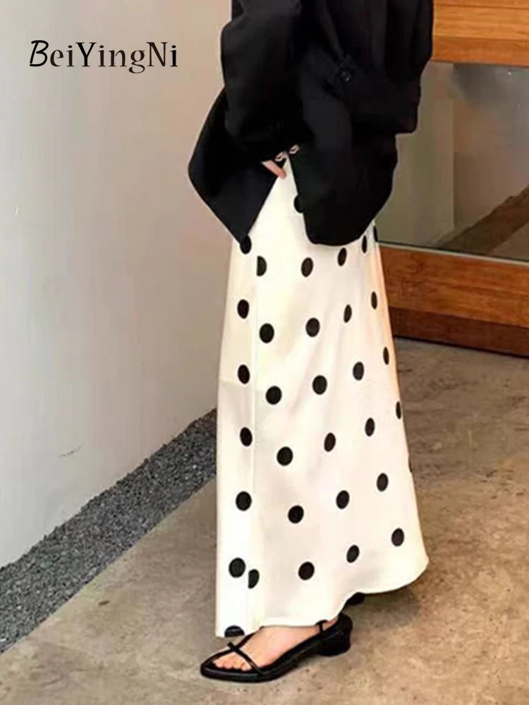 Beiyingni 2024 Summer Satin Long Maxi Skirts for Women Dots Printed Elegant Vintage Office Ladies Skirt White Black Kpop Faldas
