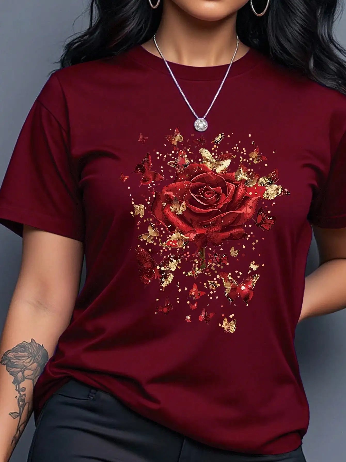 Women's Yellow T-Shirt with Gold Rose Print, Round Neck Short Sleeve Casual Top