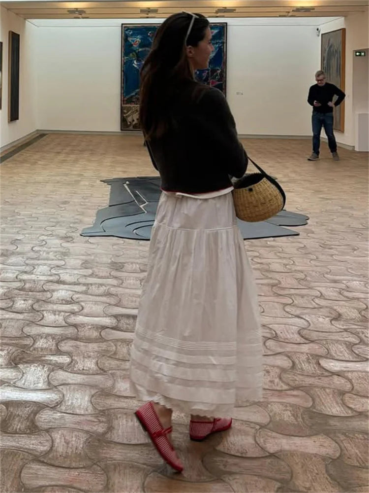 White High Waist Lace Long Skirt Female Pleated Casual Basic Summer 2026 Solid Loose Elegant Maix Skirt Women's Clothes Femme
