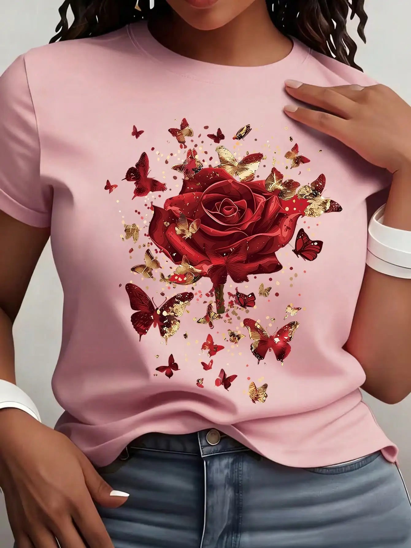 Women's Yellow T-Shirt with Gold Rose Print, Round Neck Short Sleeve Casual Top