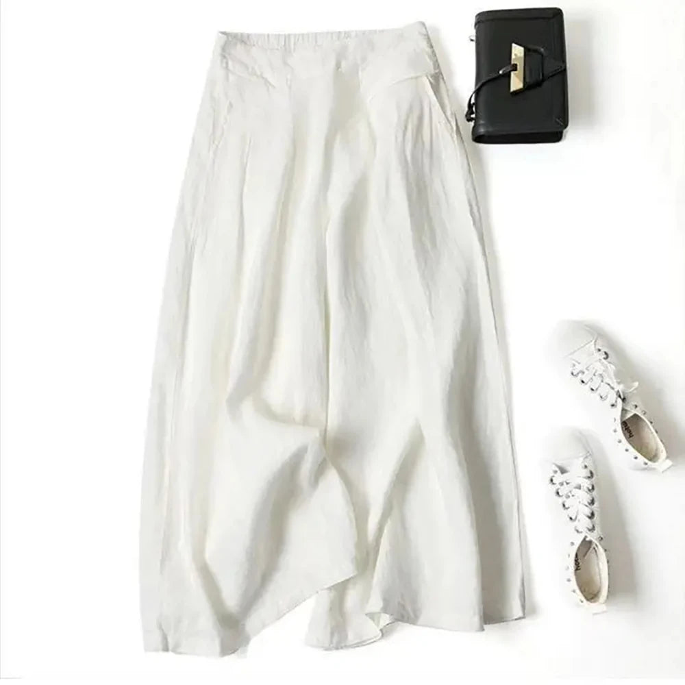 2026 Summer Women's Culottes Cotton Linen Cropped Wide Leg Pants Elastic Waist Casual Palazzo Trousers with Pockets pants