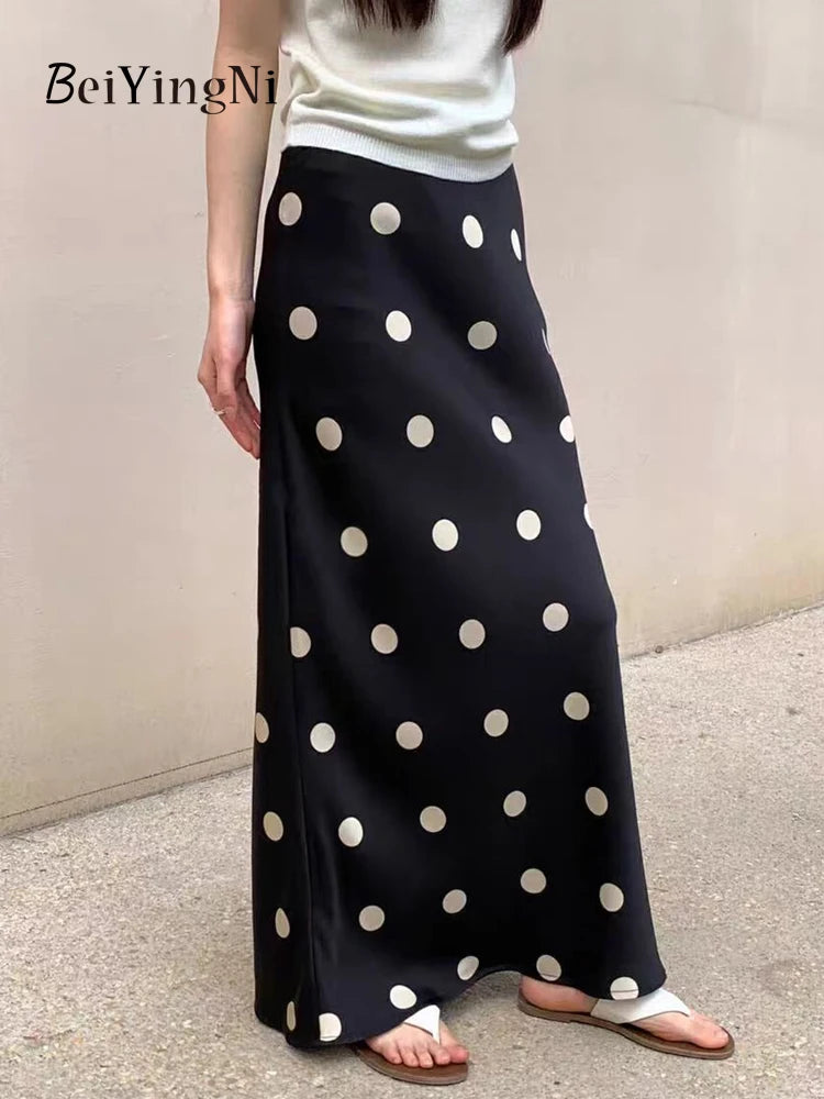 Beiyingni 2024 Summer Satin Long Maxi Skirts for Women Dots Printed Elegant Vintage Office Ladies Skirt White Black Kpop Faldas