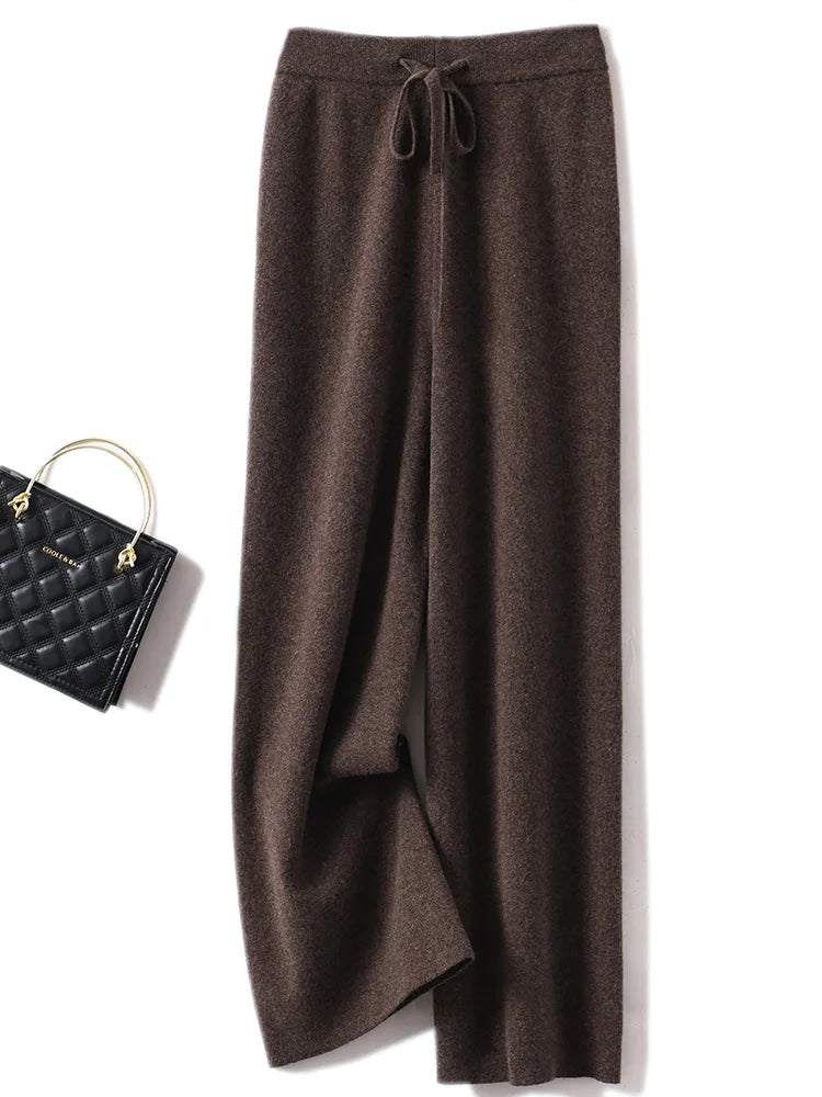 Autumn Winter Women's Pants Basic Soft Casual Sashes Trousers 100% Merino Wool Knitwear Korean Popular Pants