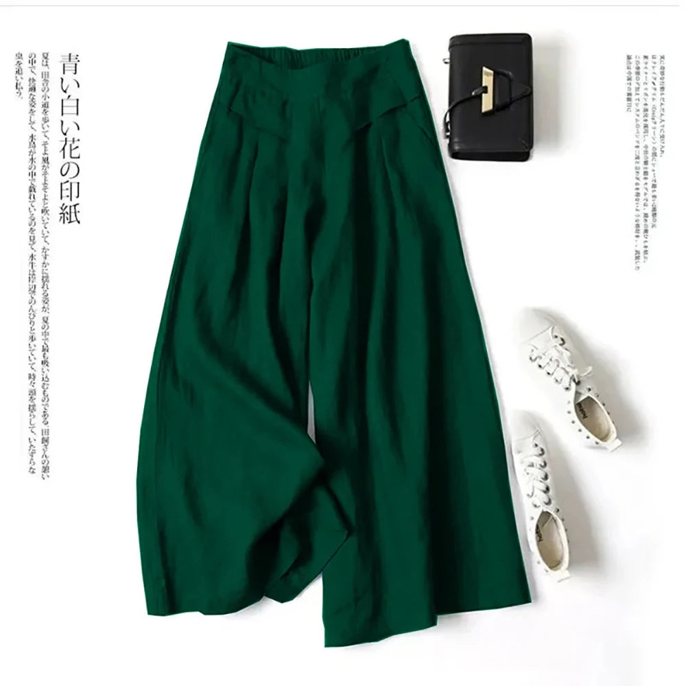 2026 Summer Women's Culottes Cotton Linen Cropped Wide Leg Pants Elastic Waist Casual Palazzo Trousers with Pockets pants