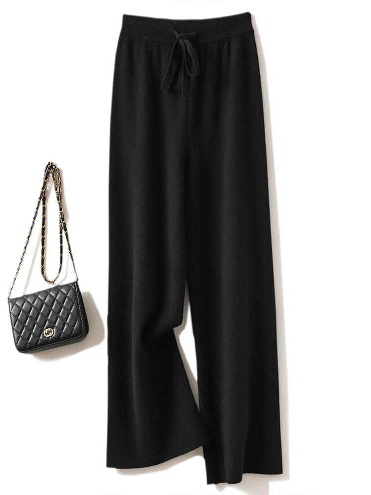Autumn Winter Women's Pants Basic Soft Casual Sashes Trousers 100% Merino Wool Knitwear Korean Popular Pants