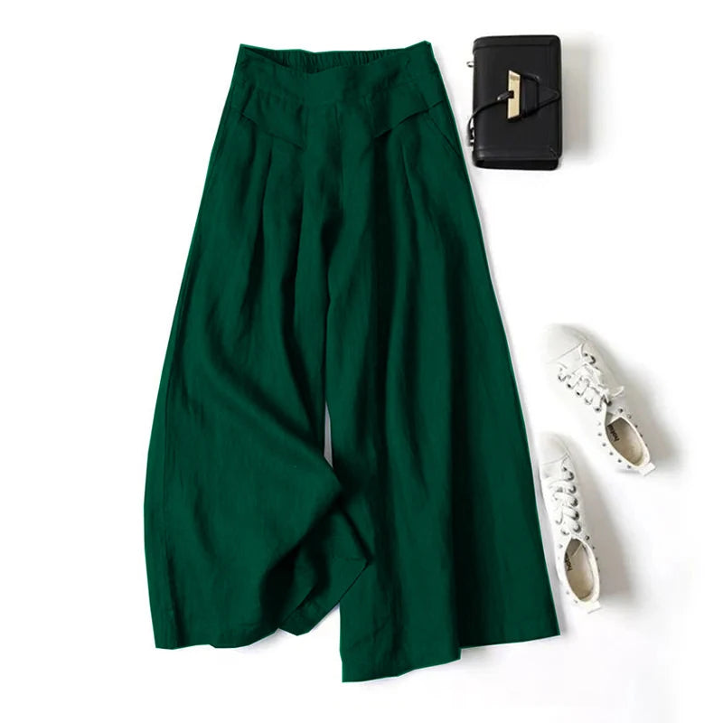 2026 Summer Women's Culottes Cotton Linen Cropped Wide Leg Pants Elastic Waist Casual Palazzo Trousers with Pockets pants