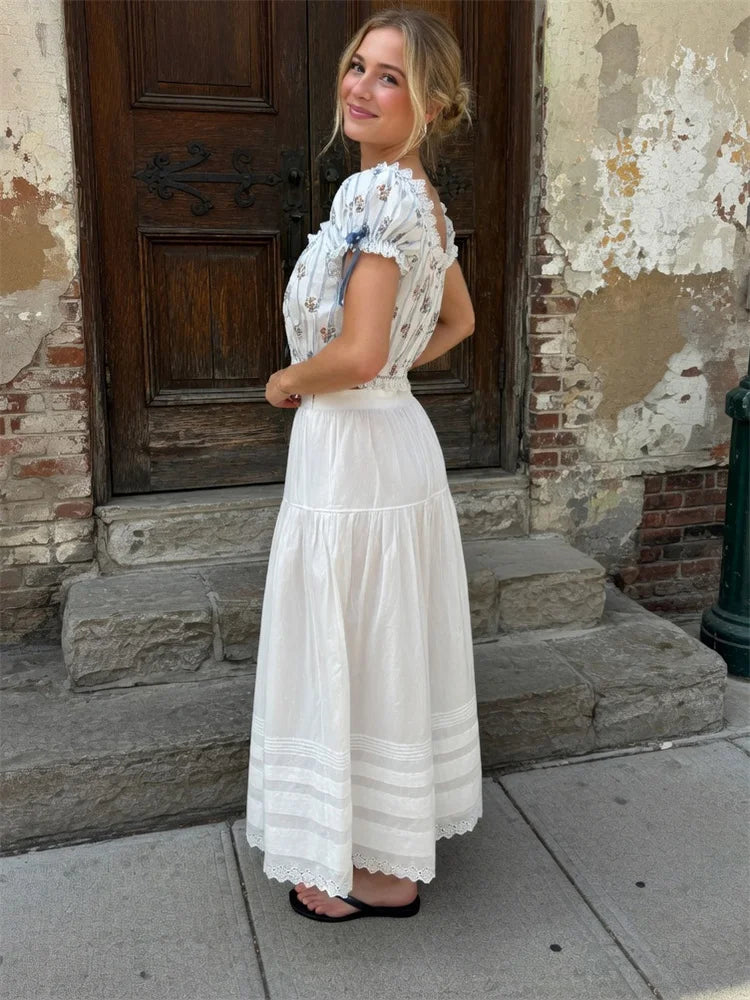 White High Waist Lace Long Skirt Female Pleated Casual Basic Summer 2026 Solid Loose Elegant Maix Skirt Women's Clothes Femme