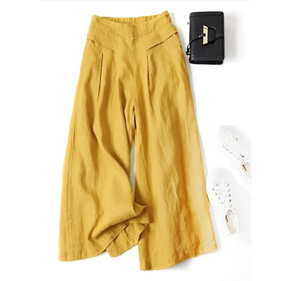 2026 Summer Women's Culottes Cotton Linen Cropped Wide Leg Pants Elastic Waist Casual Palazzo Trousers with Pockets pants