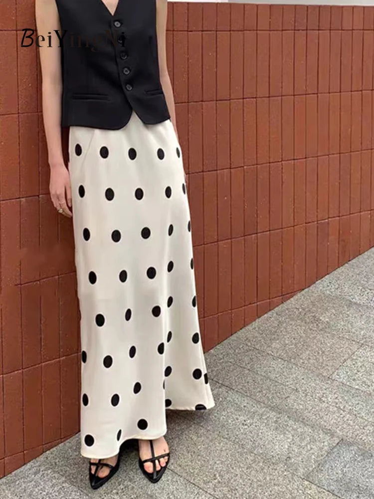 Beiyingni 2024 Summer Satin Long Maxi Skirts for Women Dots Printed Elegant Vintage Office Ladies Skirt White Black Kpop Faldas