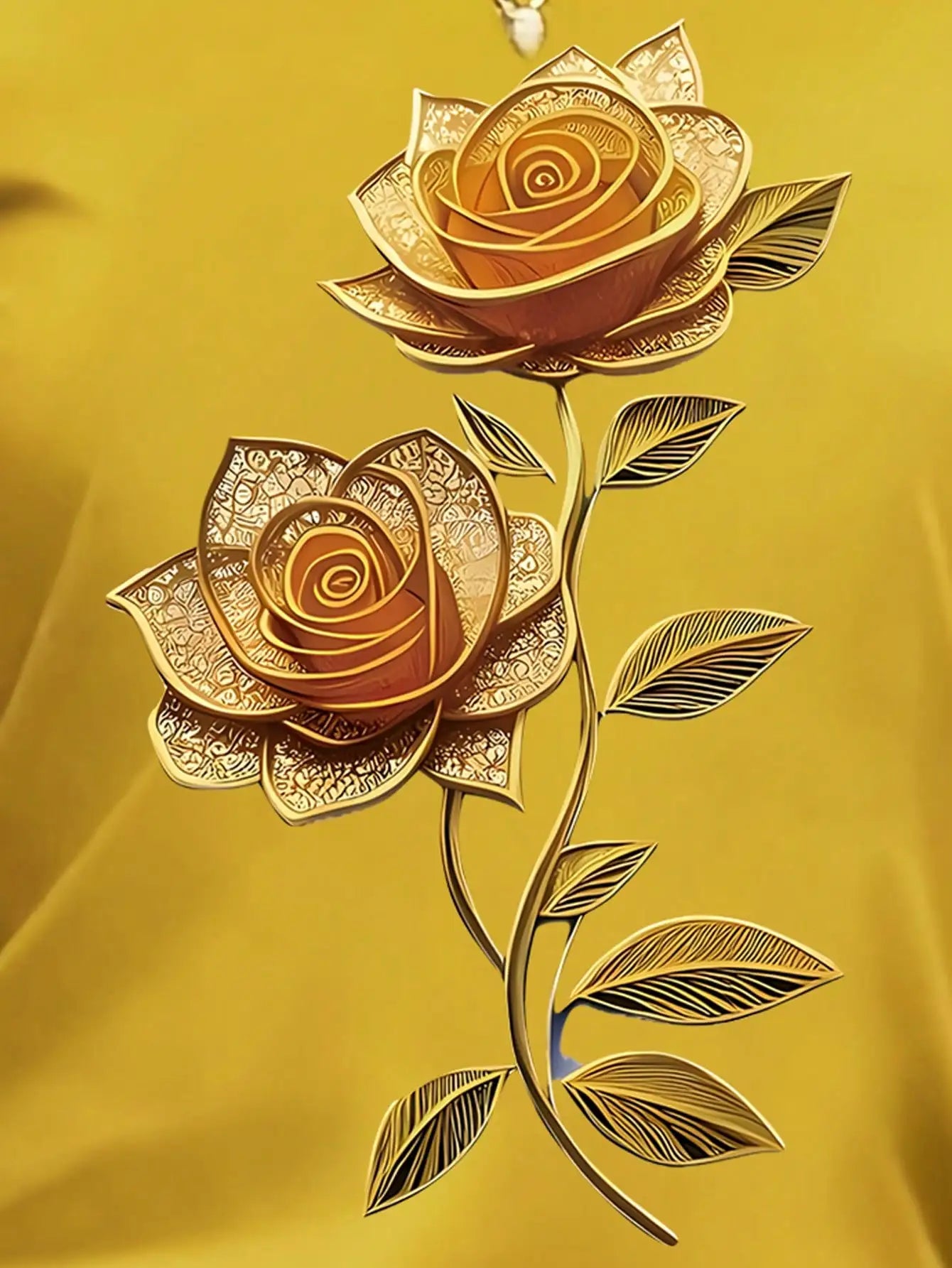 Women's Yellow T-Shirt with Gold Rose Print, Round Neck Short Sleeve Casual Top