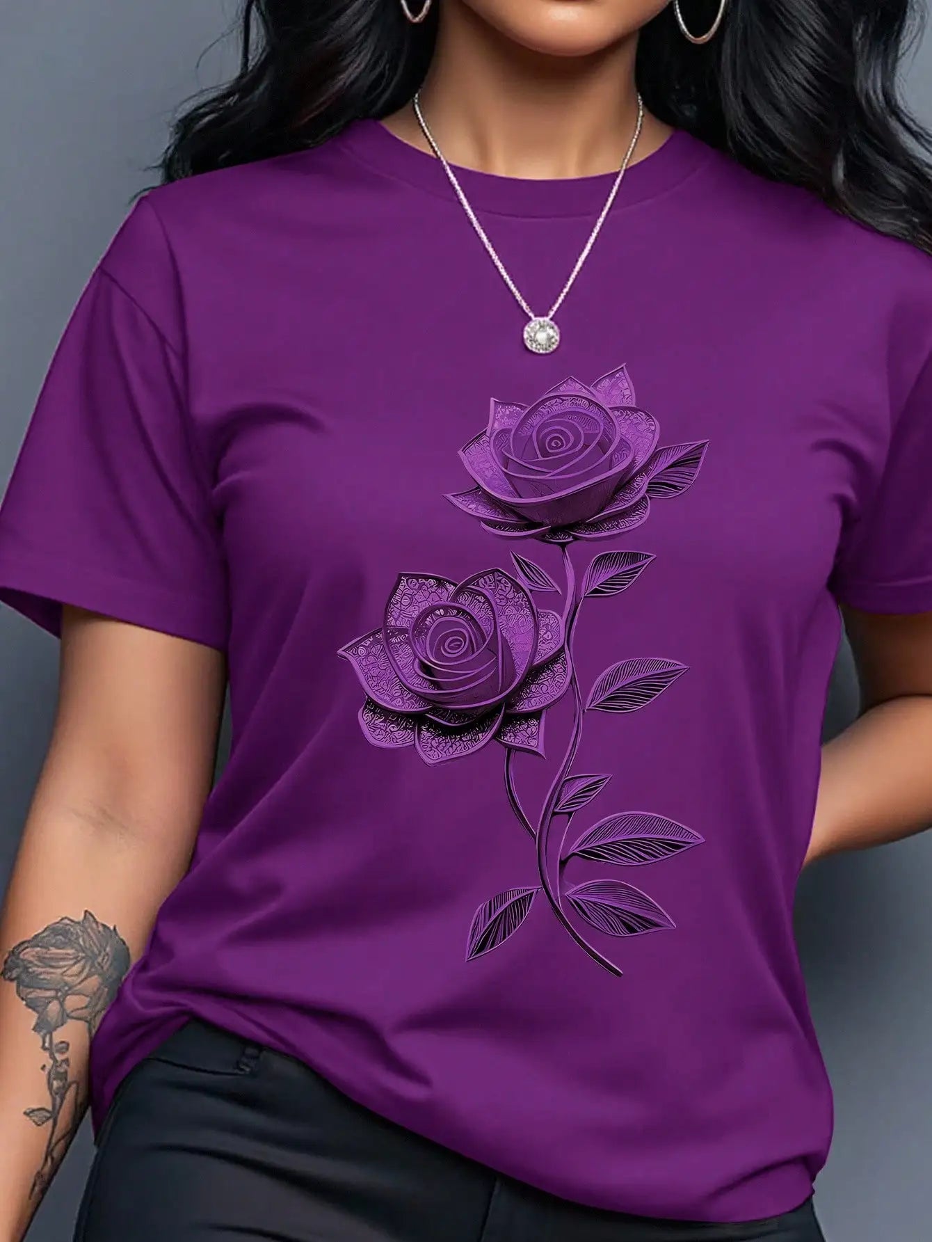Women's Yellow T-Shirt with Gold Rose Print, Round Neck Short Sleeve Casual Top