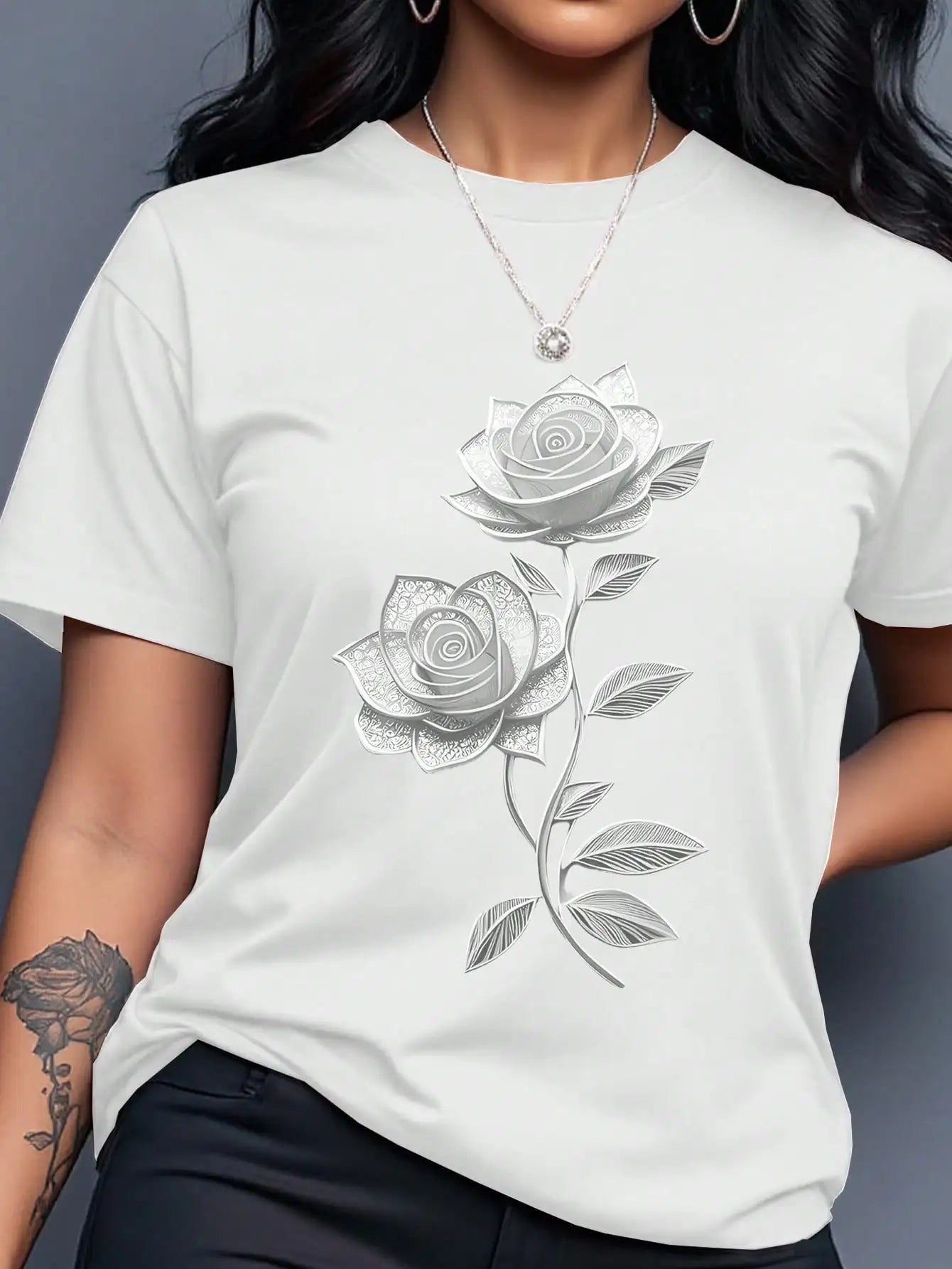 Women's Yellow T-Shirt with Gold Rose Print, Round Neck Short Sleeve Casual Top