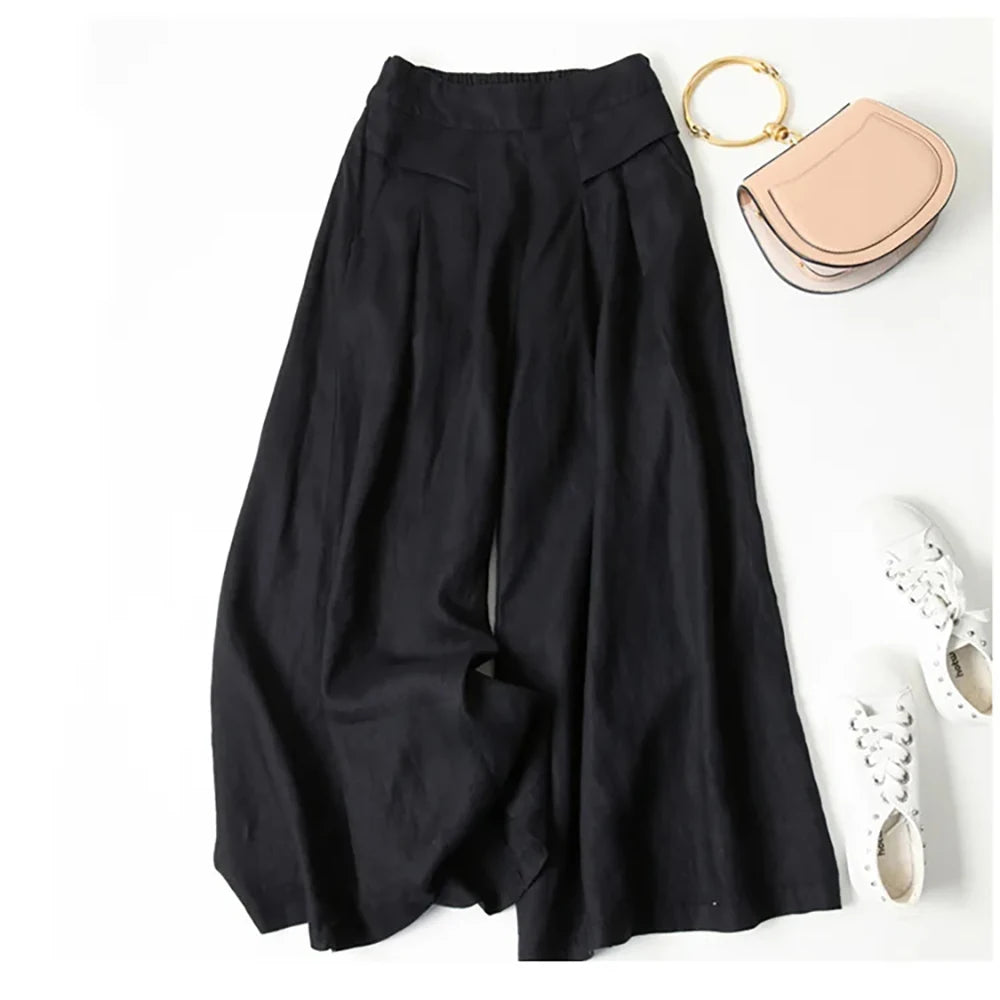 2026 Summer Women's Culottes Cotton Linen Cropped Wide Leg Pants Elastic Waist Casual Palazzo Trousers with Pockets pants