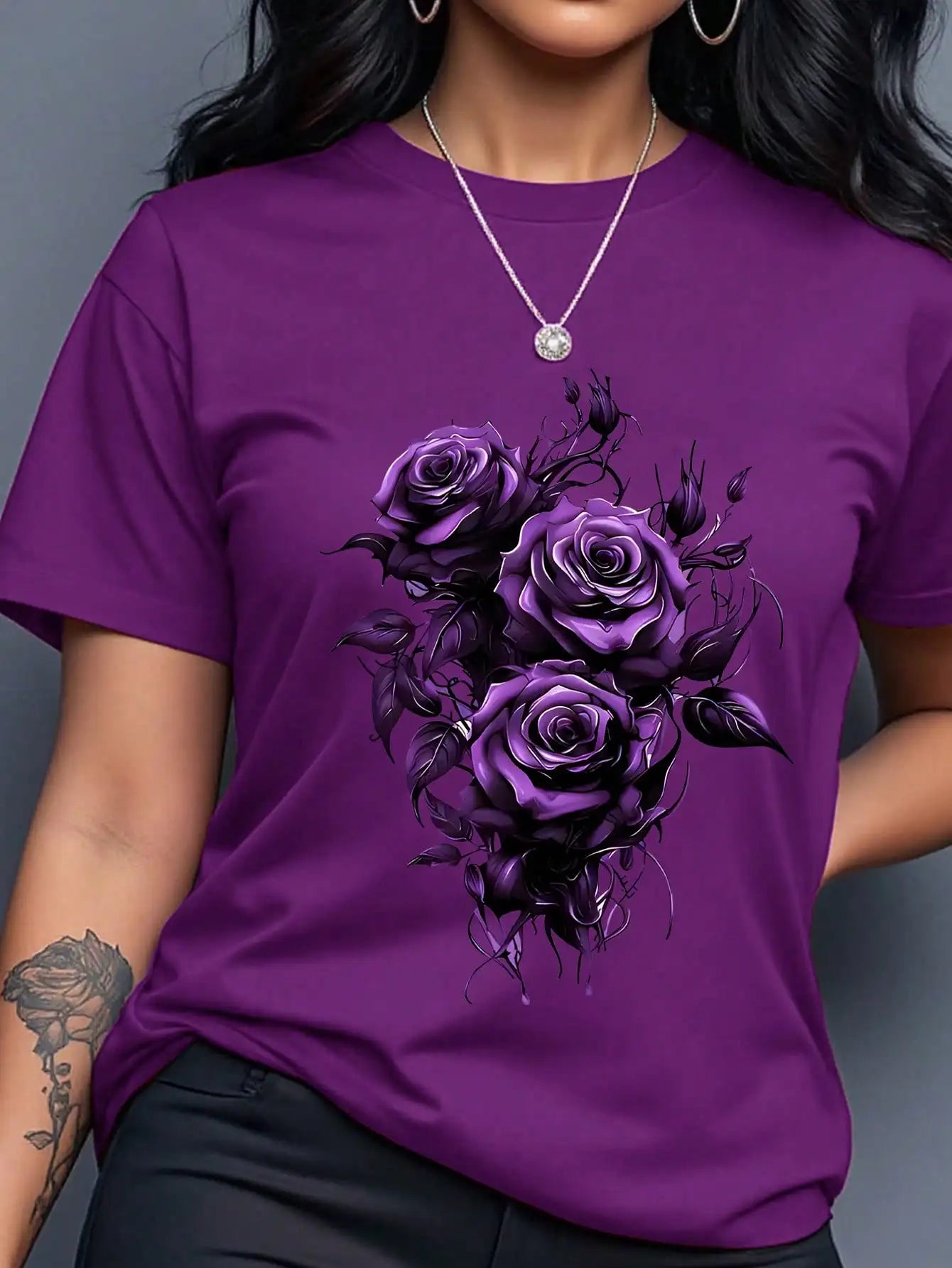 Women's Yellow T-Shirt with Gold Rose Print, Round Neck Short Sleeve Casual Top