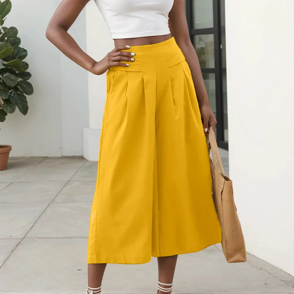 2026 Summer Women's Culottes Cotton Linen Cropped Wide Leg Pants Elastic Waist Casual Palazzo Trousers with Pockets pants