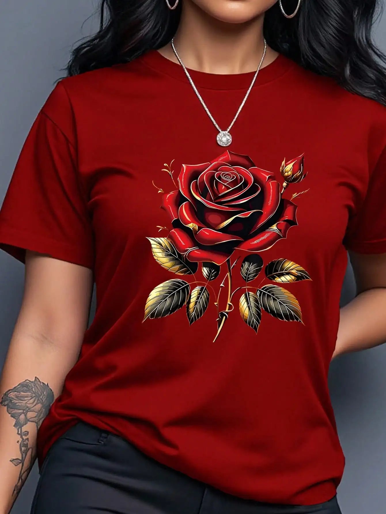 Women's Yellow T-Shirt with Gold Rose Print, Round Neck Short Sleeve Casual Top