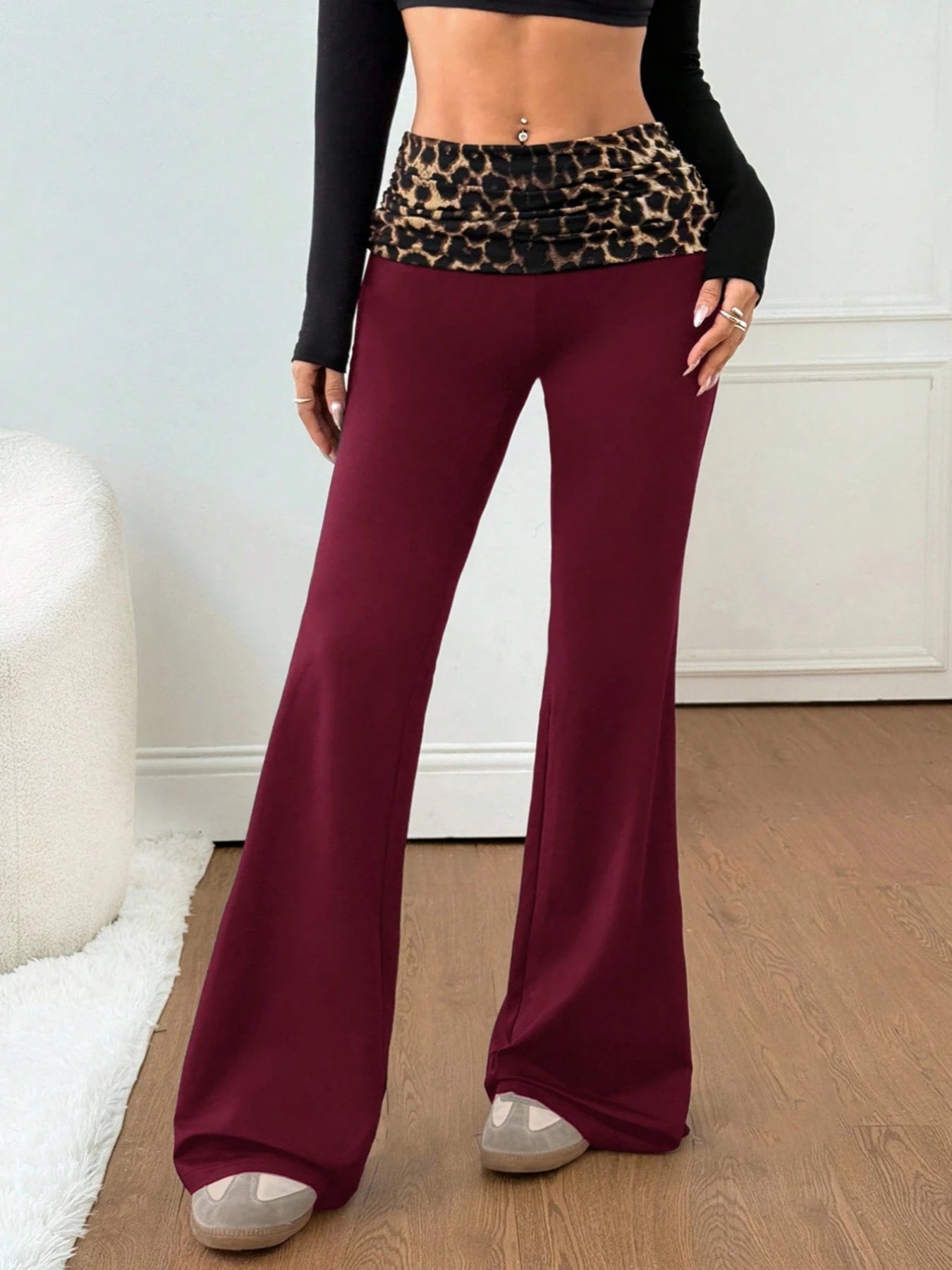 Summer New Women's Fashion Color-Block Leopard Print Flared Pants Slim Fit Skinny Drop-Waist Sporty Casual Yoga Long Trousers